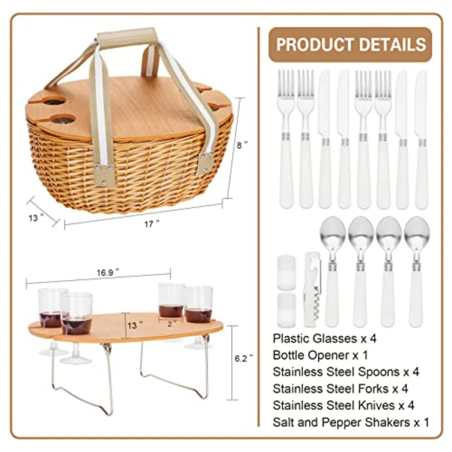 Picnic Basket for 4 Insulated Wicker Hamper with Folding Table Willow Picnic Baskets Set with Large Insulated Cooler Bag for Ca