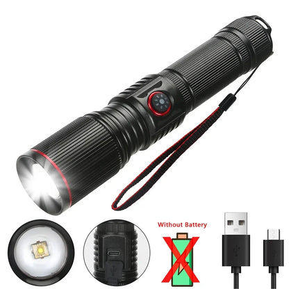 Powerful LED White Laser Flashlight 18650 or 21700 Battery Aluminum Alloy Zoom Torch Light Lamp with Tail Rope Power Indicator