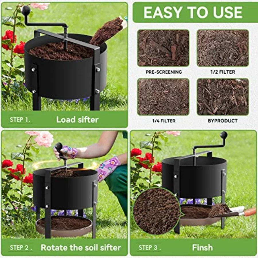 Rotary Soil Sifter Compost Sieve Garden Potting Sifting Mesh Rock Sand Dirt Sieve 13" Sifting Filter with 1/5 Inch Mesh Sifting