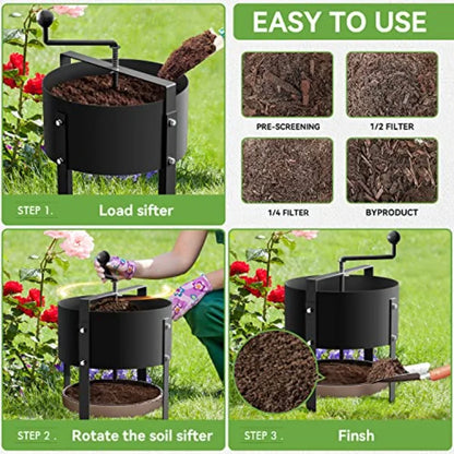 Rotary Soil Sifter Compost Sieve Garden Potting Sifting Mesh Rock Sand Dirt Sieve 13" Sifting Filter with 1/5 Inch Mesh Sifting