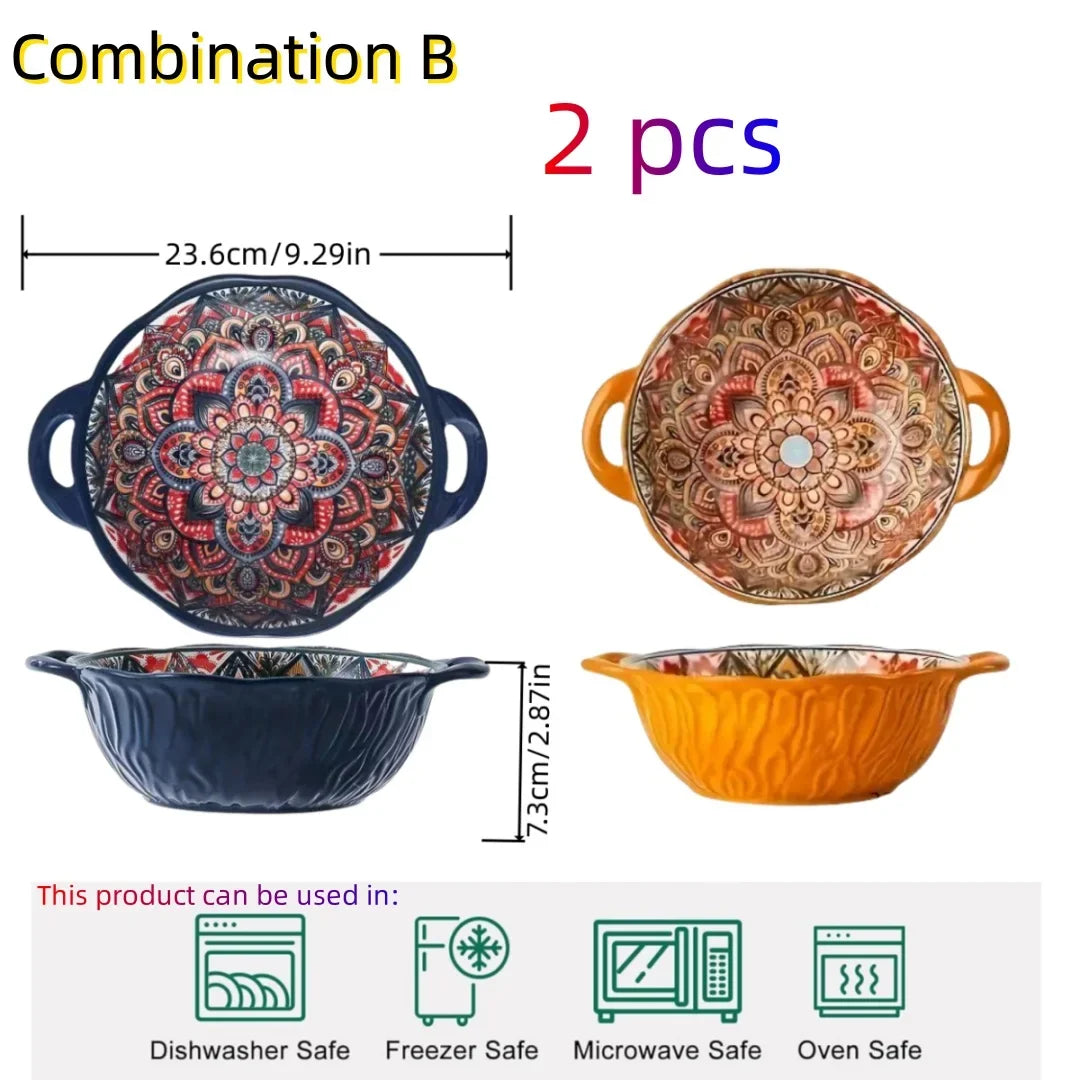 Bohemian Style Ceramic Soup Bowl with Handle Microwave Safe Embossed Design Great for serving soups salads ramen noodles