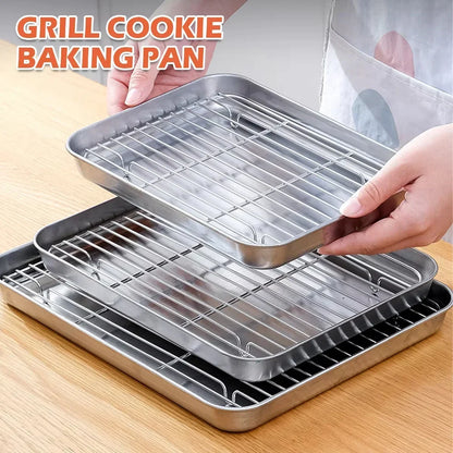 Stainless Steel Baking Pan Tray with Wire Rack Cake Baking BBQ Pan Tray Plate Oven Brownie Rack Cooking Roasting Grilling Tool