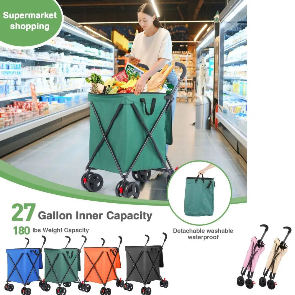 Foldable Shopping Cart, 100L Capacity, 80kg Load, Detachable Washable Bag, Compact Grocery Cart for Supermarket & Urban Use