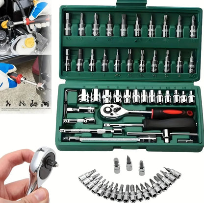 46Pcs Family Tools 1/4 Inch Drive Socket Set, Metric & SAE Hex Bit Sockets with Ratchet Wrench for Auto Repair & Household Tools