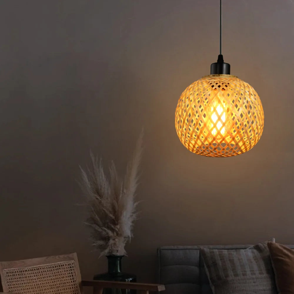 Retro Bamboo Pendant Lamp Woven Chandelier Hanging Lamp Handmade Rattan Pendant Light Fixture Restaurant Dining Room Indoor Ligh