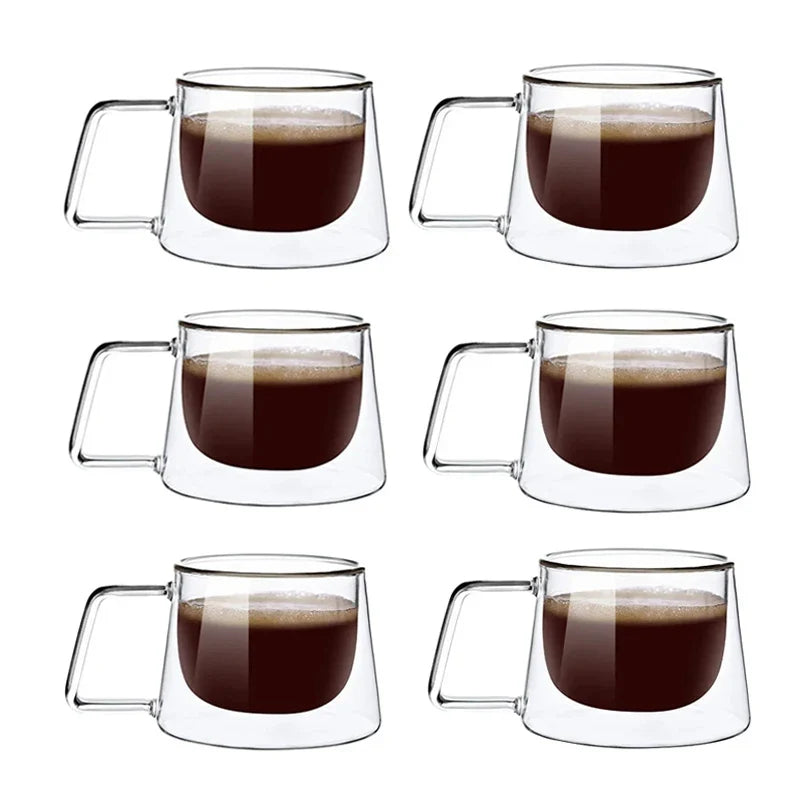 JUSTINLAU 200ML Espresso Cup Heat-resistant Double Wall Glass Coffee Mug with Handle Cappuccino Latte Breakfast Tea Water Cups