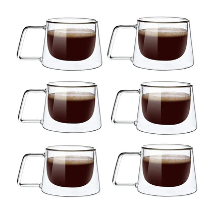 JUSTINLAU 200ML Espresso Cup Heat-resistant Double Wall Glass Coffee Mug with Handle Cappuccino Latte Breakfast Tea Water Cups