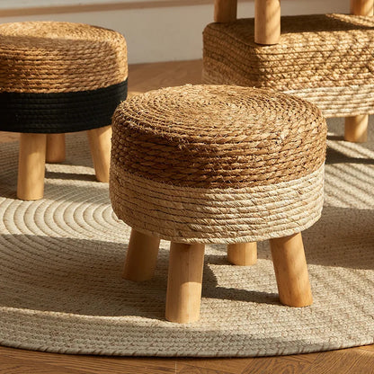 Grass woven stool, rural low stool, rattan woven shoe changing stool, thickened woven seat cushion stool