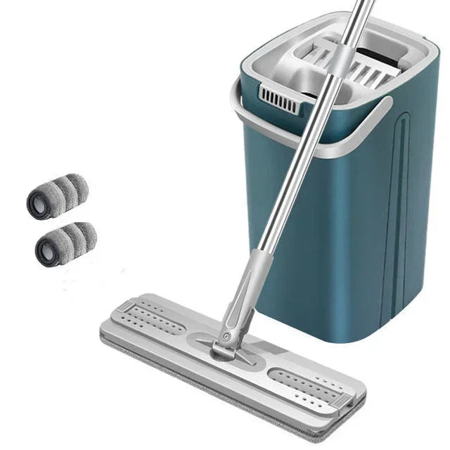 Hands-free Flat Floor Mop Bucket - Microfiber Magic Cleaning Tool with Squeegee Scalable Wet Dry Use for Home Kitchen Household
