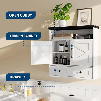 Wall Mounted Farmhouse Medicine Cabinet Over Toilet Storage With Barn Doors Adjustable Shelves Removable Drawer Bathroom Cabinet