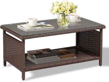 Outdoor Wicker CoffeeTable Patio Coffee Tables for Outside, Tempered Glass Top Wicker Table with Storage Coffee Table for Patio