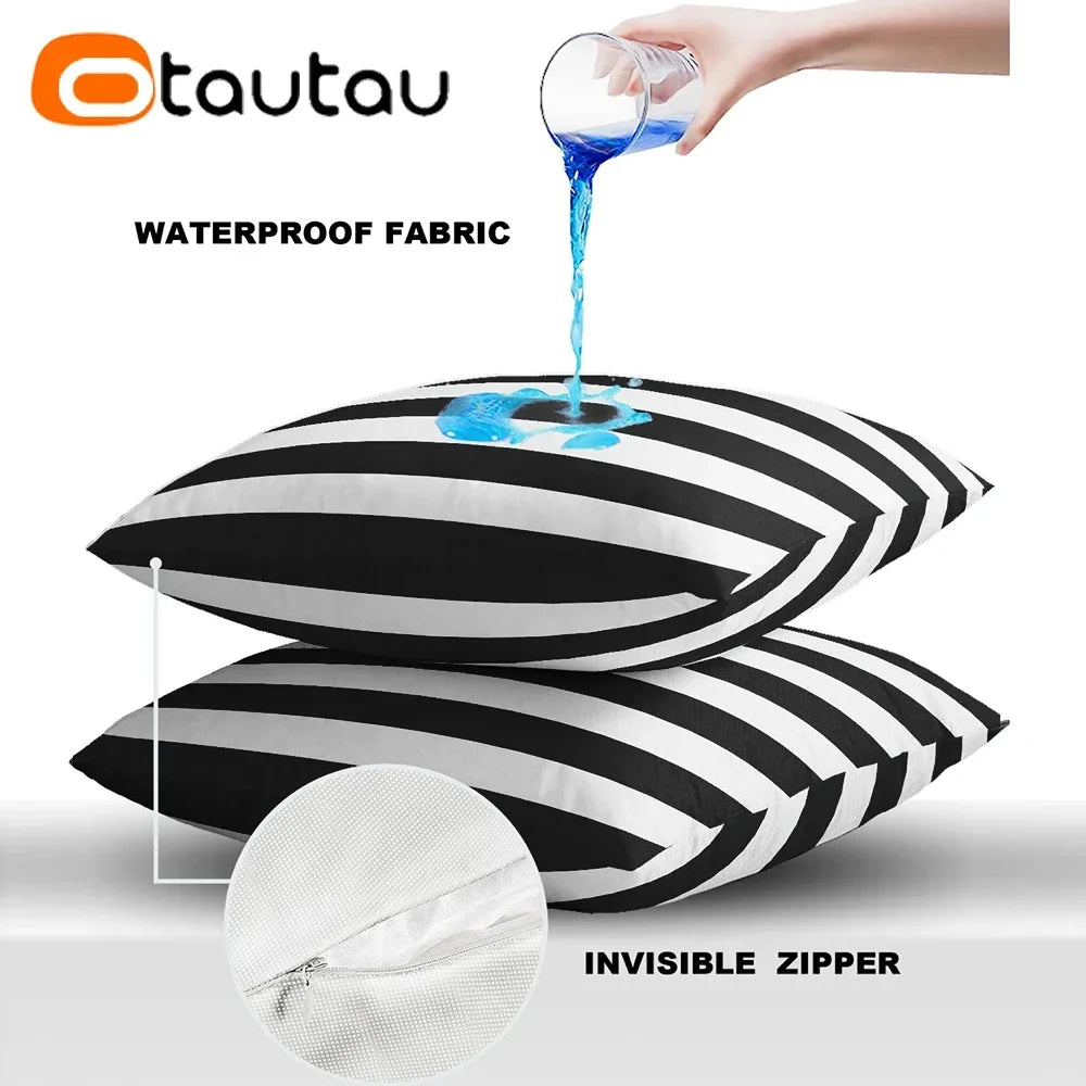 OTAUTAU Outdoor Sofa Cushion Cover Without Filler Swim Pool Beach Throw Pillowcase Soft Waterproof Stripe Oxford Pillow KD021