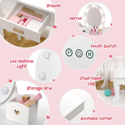 Kids Vanity Set, Pretend Play Girls Vanity Table and Chair Set with Lighted Mirror,Stool,Wood Makeup Playset,Birthday Gift