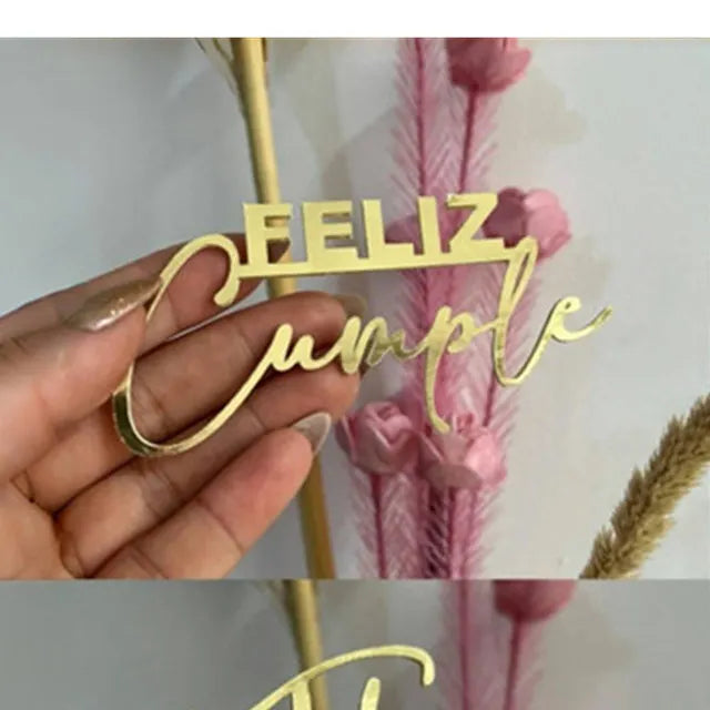 ins Spanish Happy Birthday Cake Topper Golden Crown Acrylic Birthday Party Cake Toppers For Baby Shower Cake Dessert Decorations