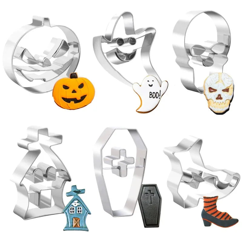 6pcs Halloween Cookie Cutter Mold Stainless Steel Ghost Pumpkin Skull Head Coffin Baking Molds Cupcake Chocolate Biscuit Mould