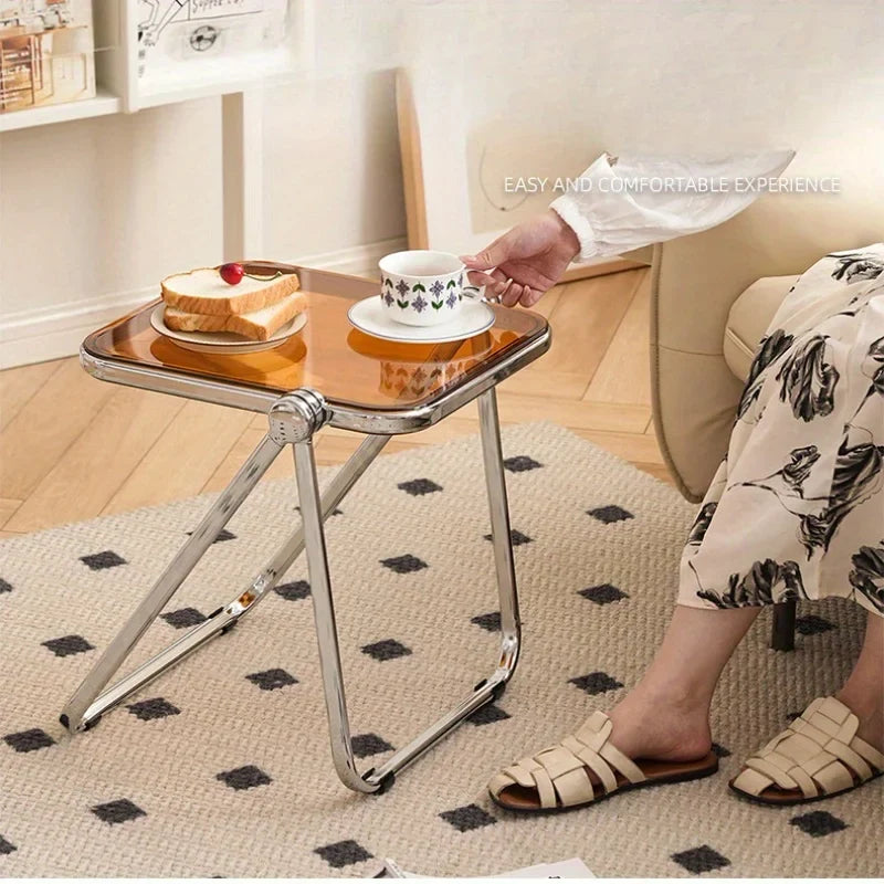 Chic Transparent Folding Side Table - Modern Coffee Table with Metal Frame, Ideal for Living Room Bedroom & Compact Storage