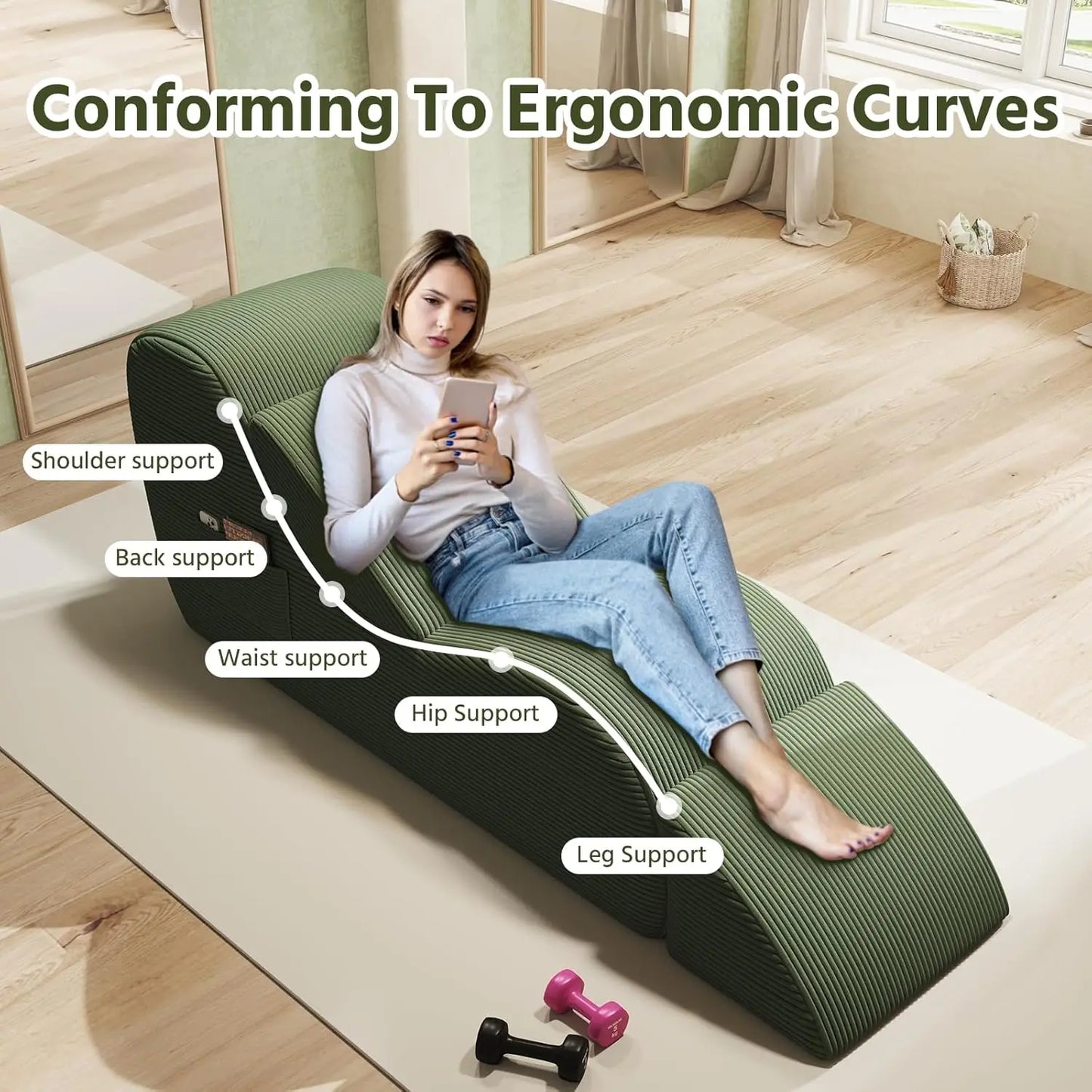 Corduroy Yoga Sofa - All Sponge Filled Stretching Lounge Chair with Side Pocket for Home Fitness & Relaxation