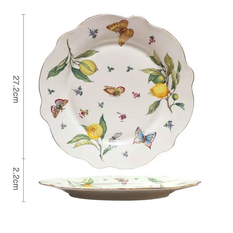 Europeanc Style Ceramic Dining Plate Elegant Lemon Pattern Dinner Steak Plate Coffee Cup Set Western Cuisine Dessert Plate