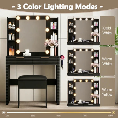 Makeup Vanity Desk with 10 Bulbs, Fluted Dressing Table with Charging Station, 2 Drawers and 4 Open