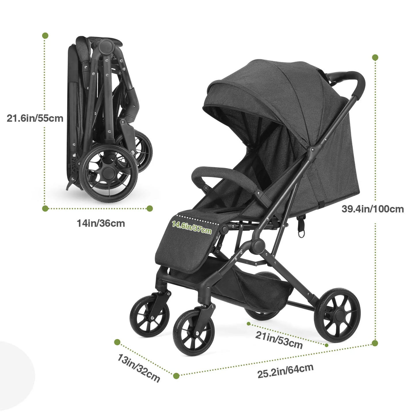 Lightweight Stroller, One-Hand Fold Compact Travel Stroller with 4-Wheel Suspension, Adjustable Recline & Canopy