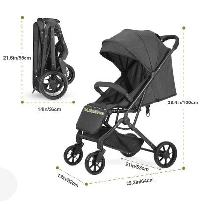 Lightweight Stroller, One-Hand Fold Compact Travel Stroller with 4-Wheel Suspension, Adjustable Recline & Canopy