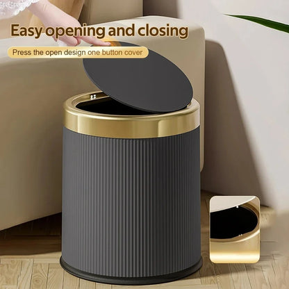 Light Luxury Wastbasket Press Trash Can with Lid for Office Living Room Bathroom Round Garbage Can with Removable Inner Bucket