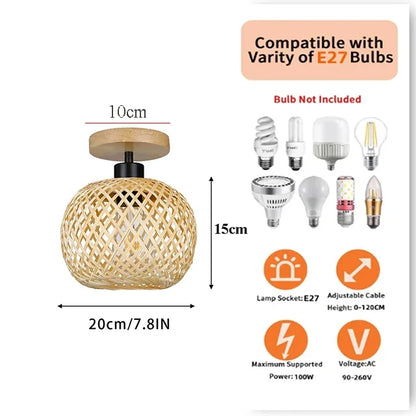 Retro Bamboo Pendant Lamp Woven Chandelier Hanging Lamp Handmade Rattan Pendant Light Fixture Restaurant Dining Room Indoor Ligh