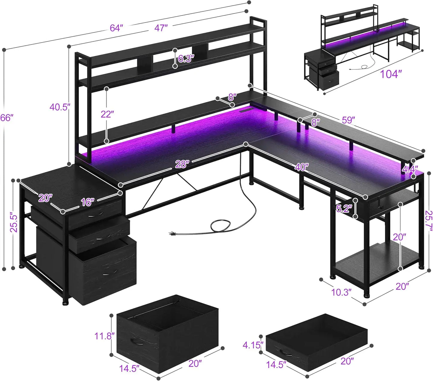 64 x 60 Inches L Shaped Desk with Hutch and Drawers, Gaming Desk with Power Outlet & Monitor Stand & LED Lights,  Corner Desk