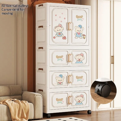 Cartoon Kids Wardrobe Foldable Plastic Clothes Storage Cabinet Nursery Organizer Space Saving Baby Closet Wardrobe White