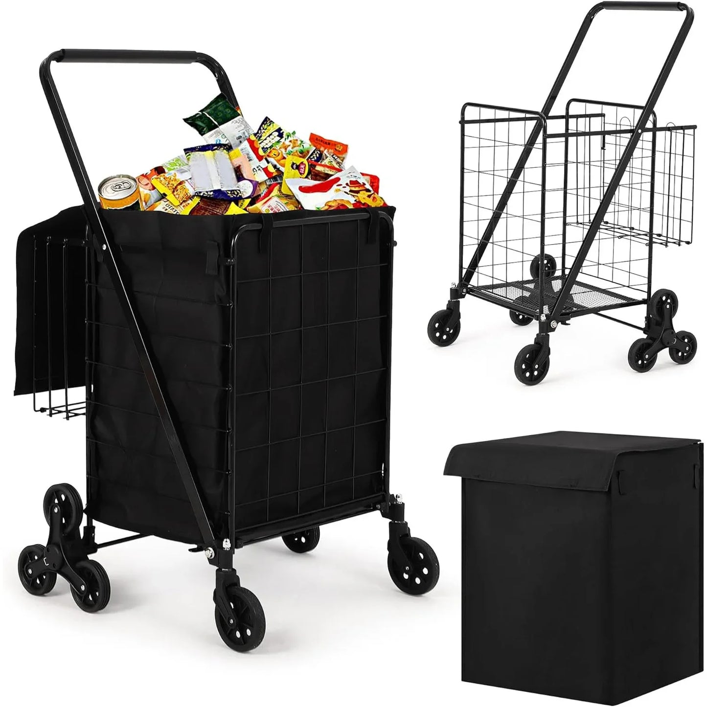 Portable Collapsible Folding Utility Cart Stair Climbing Grocery Cart Featuring Rear Tri-Wheels 360° Swivel Wheels for Grocery