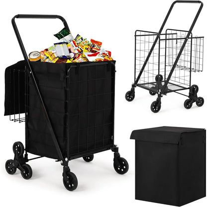 Portable Collapsible Folding Utility Cart Stair Climbing Grocery Cart Featuring Rear Tri-Wheels 360° Swivel Wheels for Grocery