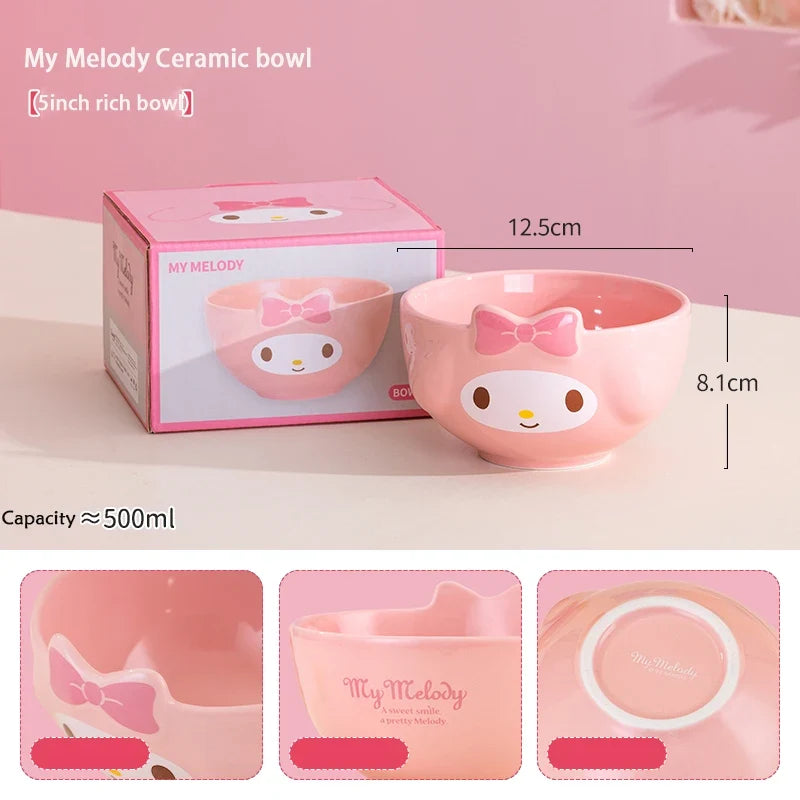 For Sanrio 5Inches Ceramic Rice Bowls Home Cute for Melody& Cinnamoroll& Kuromi Tableware Cartoon Anime Relief Bowl for Children