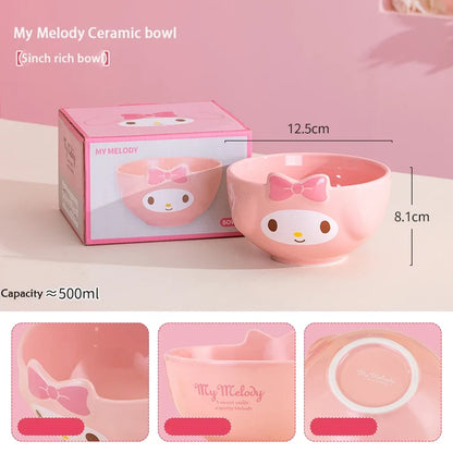 For Sanrio 5Inches Ceramic Rice Bowls Home Cute for Melody& Cinnamoroll& Kuromi Tableware Cartoon Anime Relief Bowl for Children