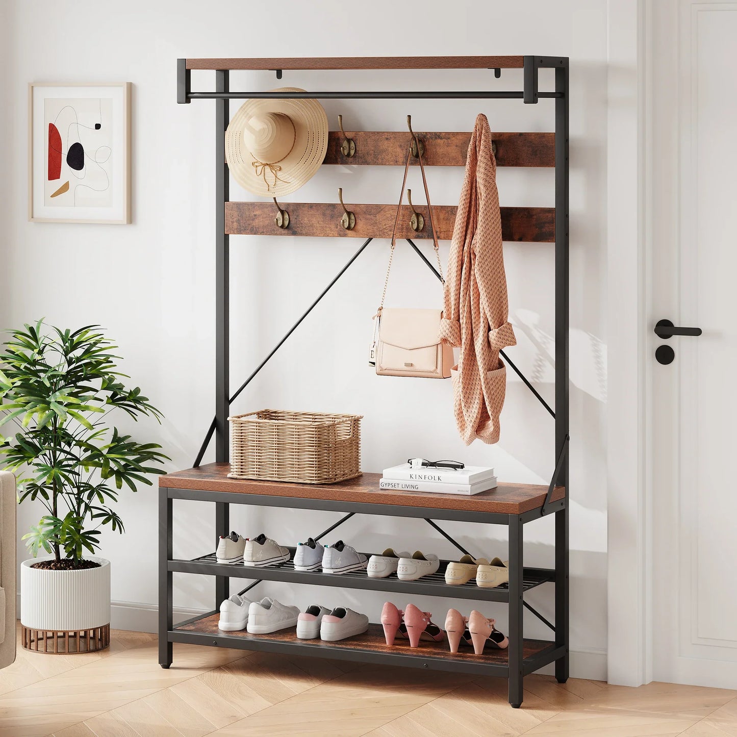 Industrial Hall Tree Coat Rack with Bench & 3-Tier Shoe Storage, 8 Hooks, Sturdy Metal Frame,Entryway Organizer for Hallway