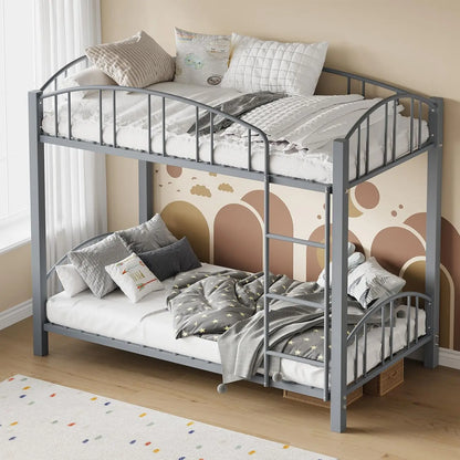 Metal Loft Bed Bunk Beds Twin Over Full Size with Heightened Safety Guardrail & Ladder, for School, Bedroom, Twin Size Grey