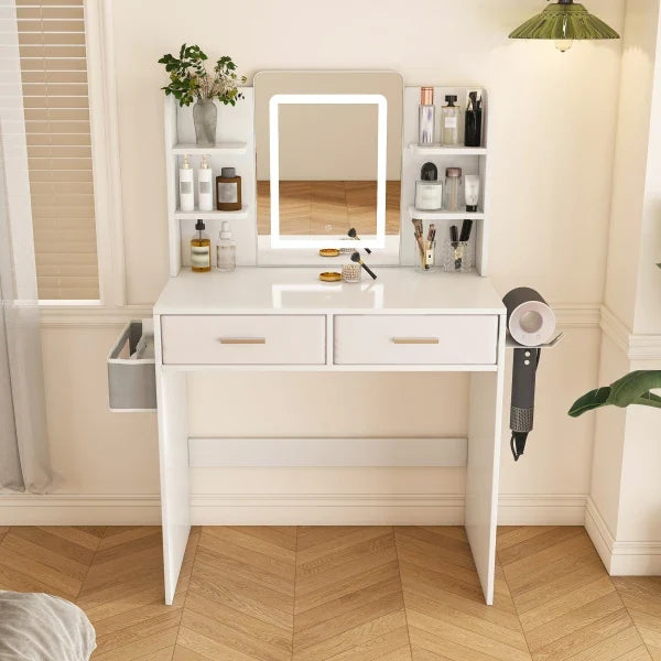 Vanity Desk with LED Mirror Lights and Power Outlet Charging Station, Makeup Dressing Table with 3