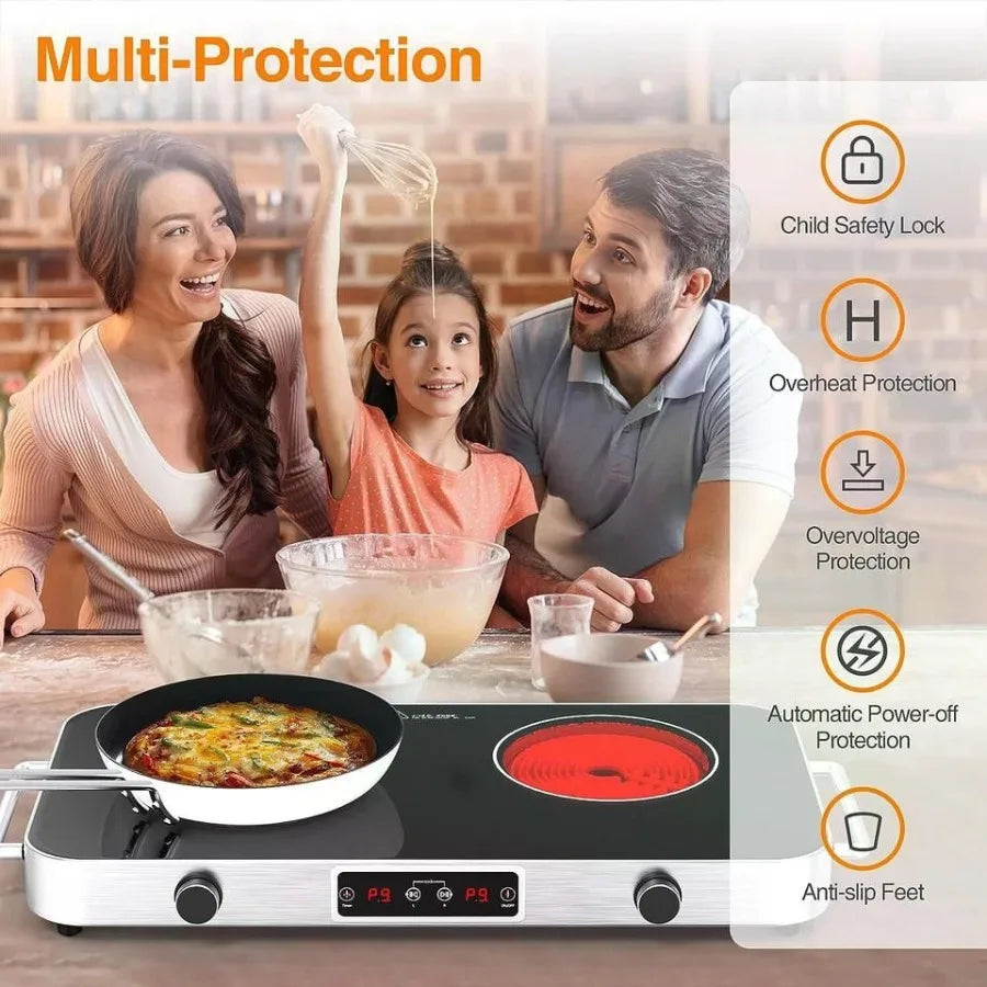 2-Burner Electric Cooktop Countertop Stove with Knob Control 2200W 120V Stainless Steel Finish Compact Design for Kitchen Count