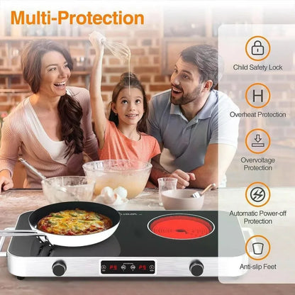 2-Burner Electric Cooktop Countertop Stove with Knob Control 2200W 120V Stainless Steel Finish Compact Design for Kitchen Count