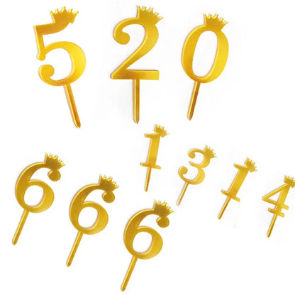 0-9 Crown Number Happy Birthday Cake Topper Gold Acrylic Wedding Party Cupcake Toppers for Baby Shower Gift Dessert Decoration