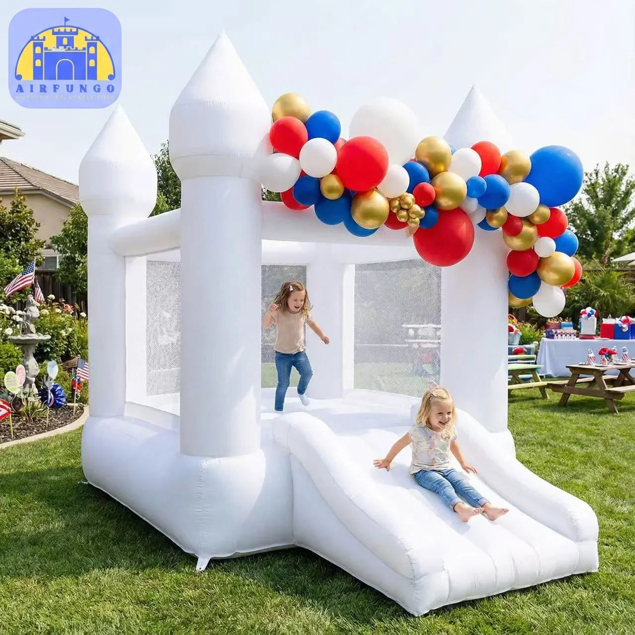 Toddlers Party 9x7x6ft Inflatable White Bounce House With Slide Oxford Bouncy Castle Include Blower (without tarp)