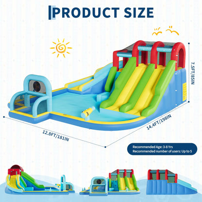 14.4x12.8FT Inflatable Bounce House With Blower 3 Water Slides Kids Jumping Castle Splash Pool For Indoor Outdoor Backyard Party
