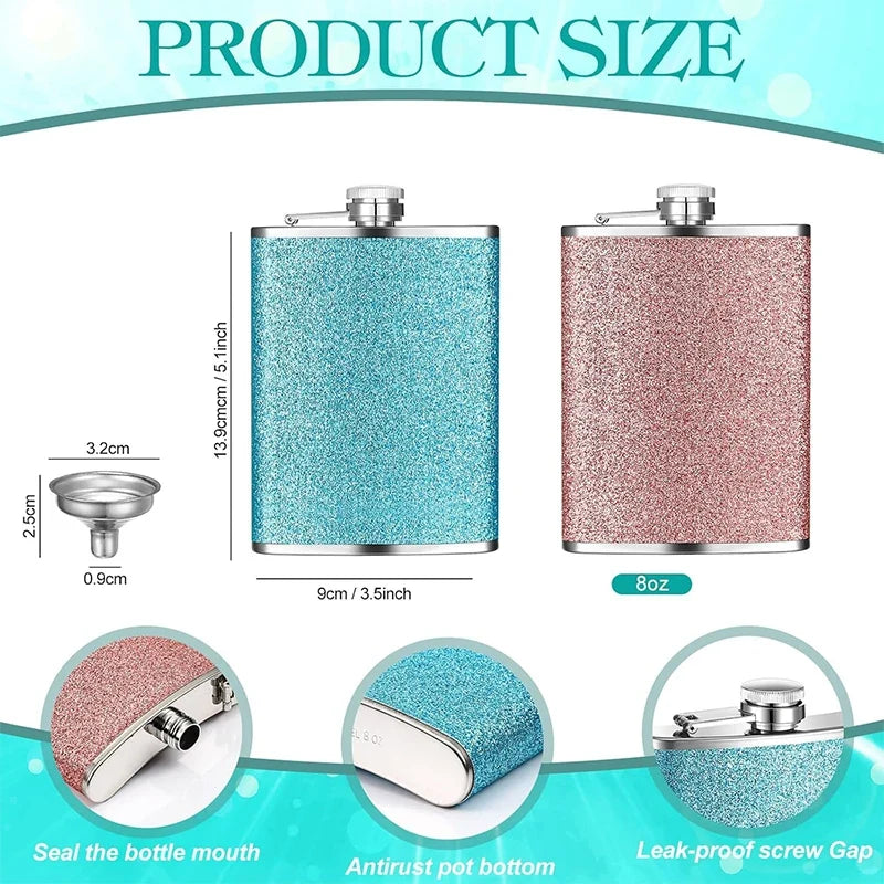 8oz Glitter Bling Hip Flask Stainless Steel Hip Flask with Never-Lose Cap and Funnel Leakproof Liquor Alcohol Flasks For Whiskey