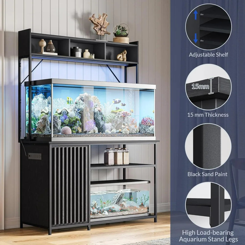 55-90 Gallon Aquarium Stand with LED Lights, Fluted Cabinet For Fish Tank Accessories Storage, Heavy Duty Metal & Power Outlets