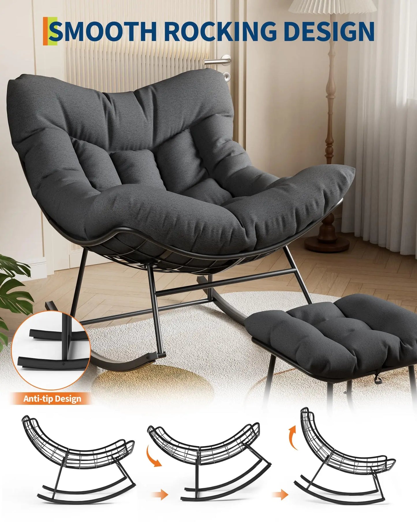 Oversized Papasan Rocking Chair With Ottoman, Outdoor Lounge Egg Rocker For Porch Balcony Backyard, Heavy Duty 450lb Capacity