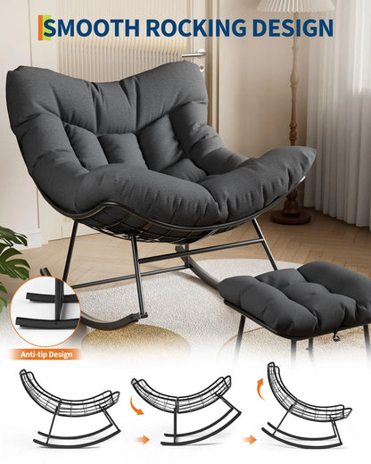 Oversized Papasan Rocking Chair With Ottoman, Outdoor Lounge Egg Rocker For Porch Balcony Backyard, Heavy Duty 450lb Capacity