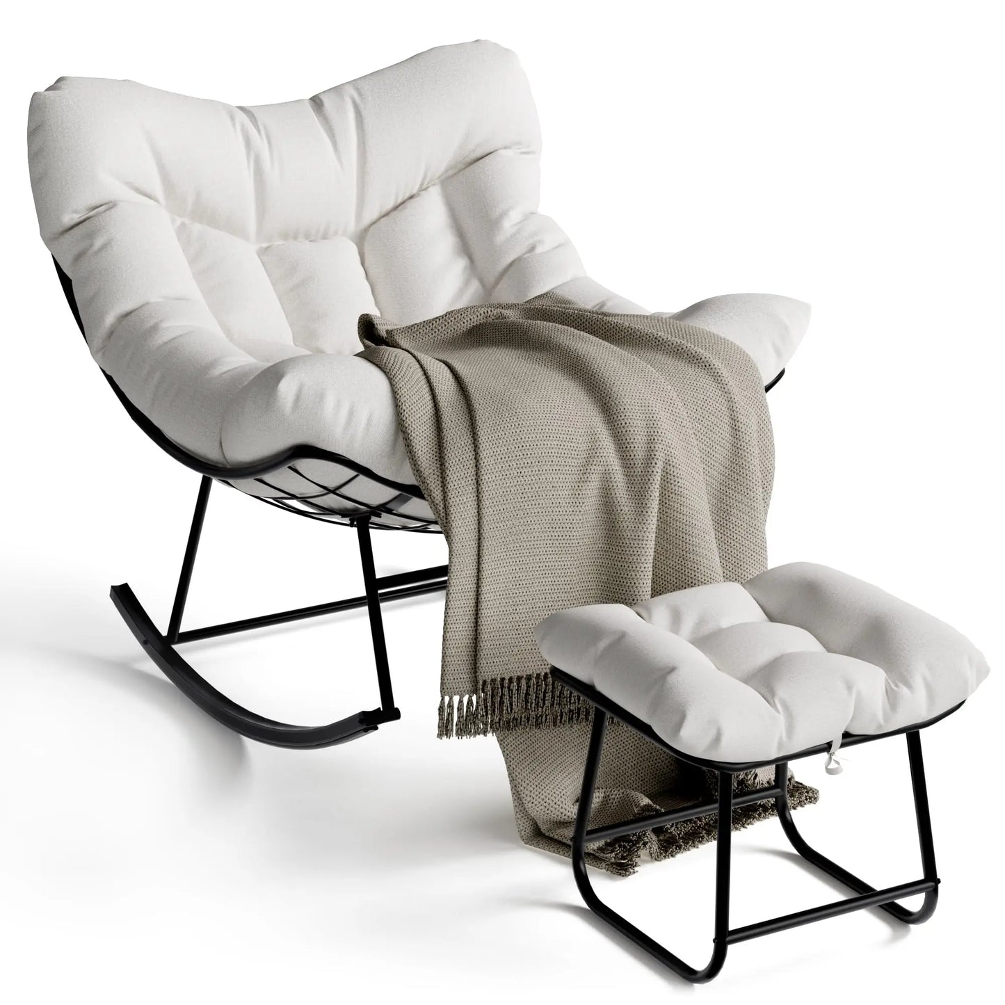 Oversized Papasan Rocking Chair With Ottoman, Outdoor Lounge Egg Rocker For Porch Balcony Backyard, Heavy Duty 450lb Capacity