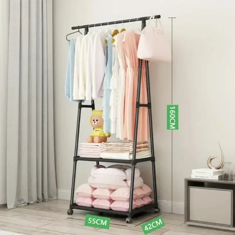 Multifunctional Storage Floor Standing Clothes Rack Simple Mobile Drying Rack Dormitory Space-saving Household Garment Organizer