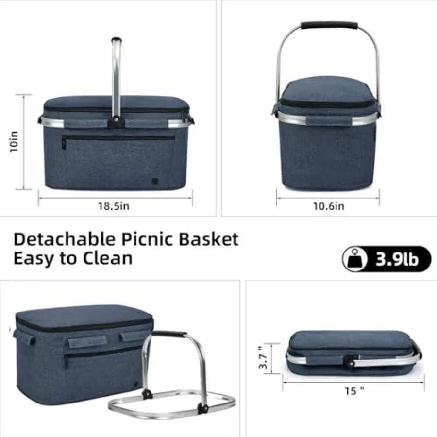 ALLCAMP Picnic Basket - 2 Ice Box Included 2L Insulated Cooler Thickening Foldable Picnic Basket with Removable Baskets and Sew