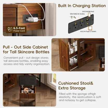 Vanity Desk Set with Storage Cushioned Stool and Charging Station, Triangle Makeup Desk with