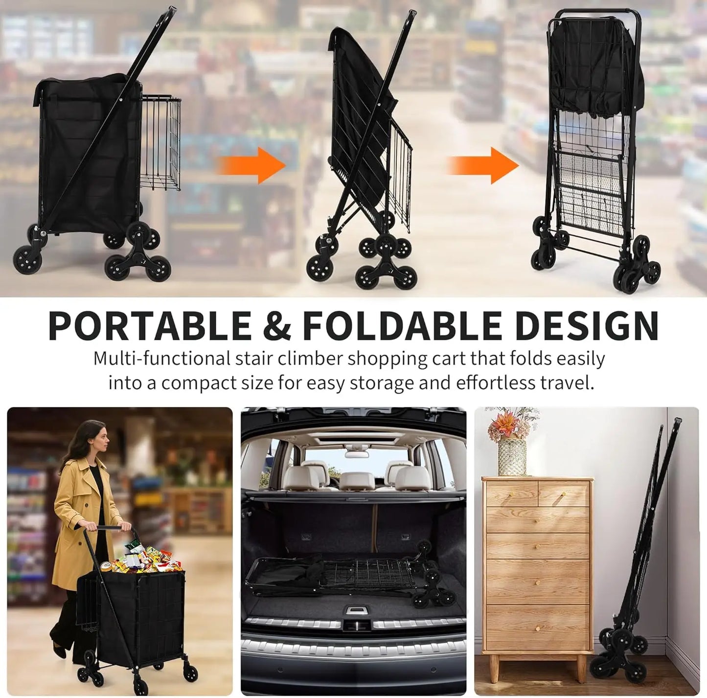 Portable Collapsible Folding Utility Cart Stair Climbing Grocery Cart Featuring Rear Tri-Wheels 360° Swivel Wheels for Grocery